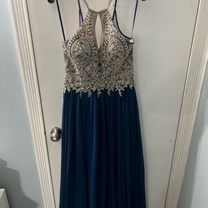 Elegant Blue Gown with Gold Embellishments